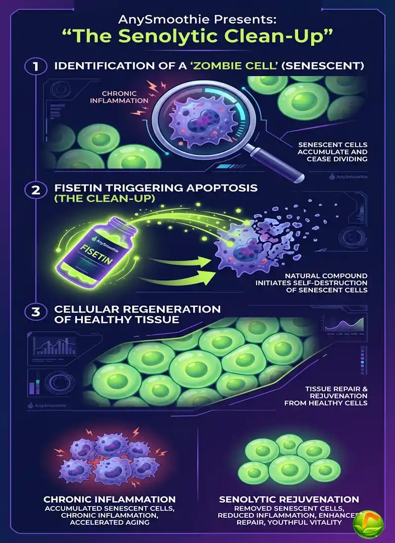 Infographic showing the 3-step senolytic process of Fisetin clearing zombie cells and promoting cellular regeneration for AnySmoothie.