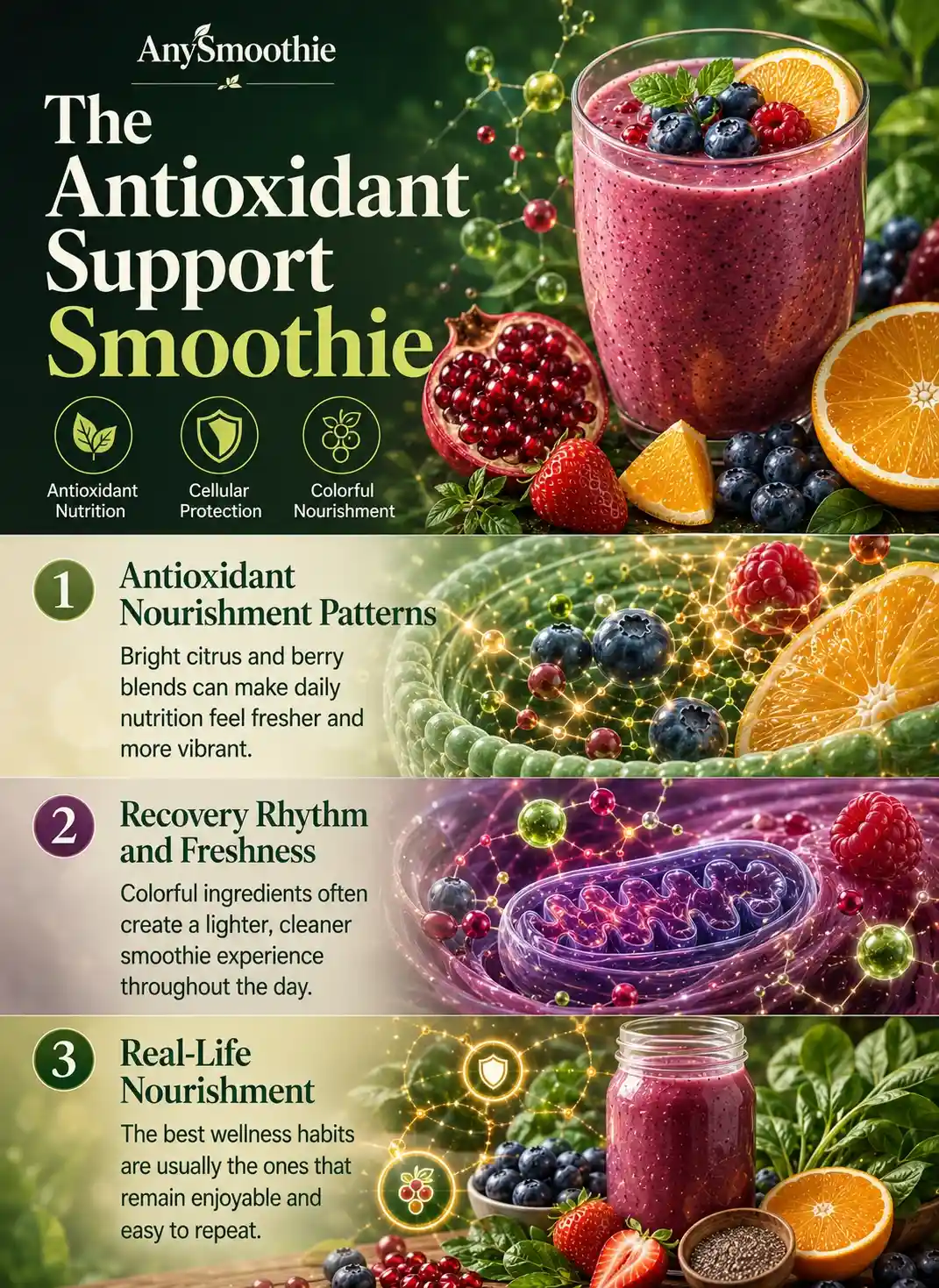 Glutathione smoothies for antioxidant support infographic featuring citrus fruits, berries, botanical ingredients, antioxidant nutrition visuals, cellular protection illustrations, and colorful whole-food wellness nourishment patterns.