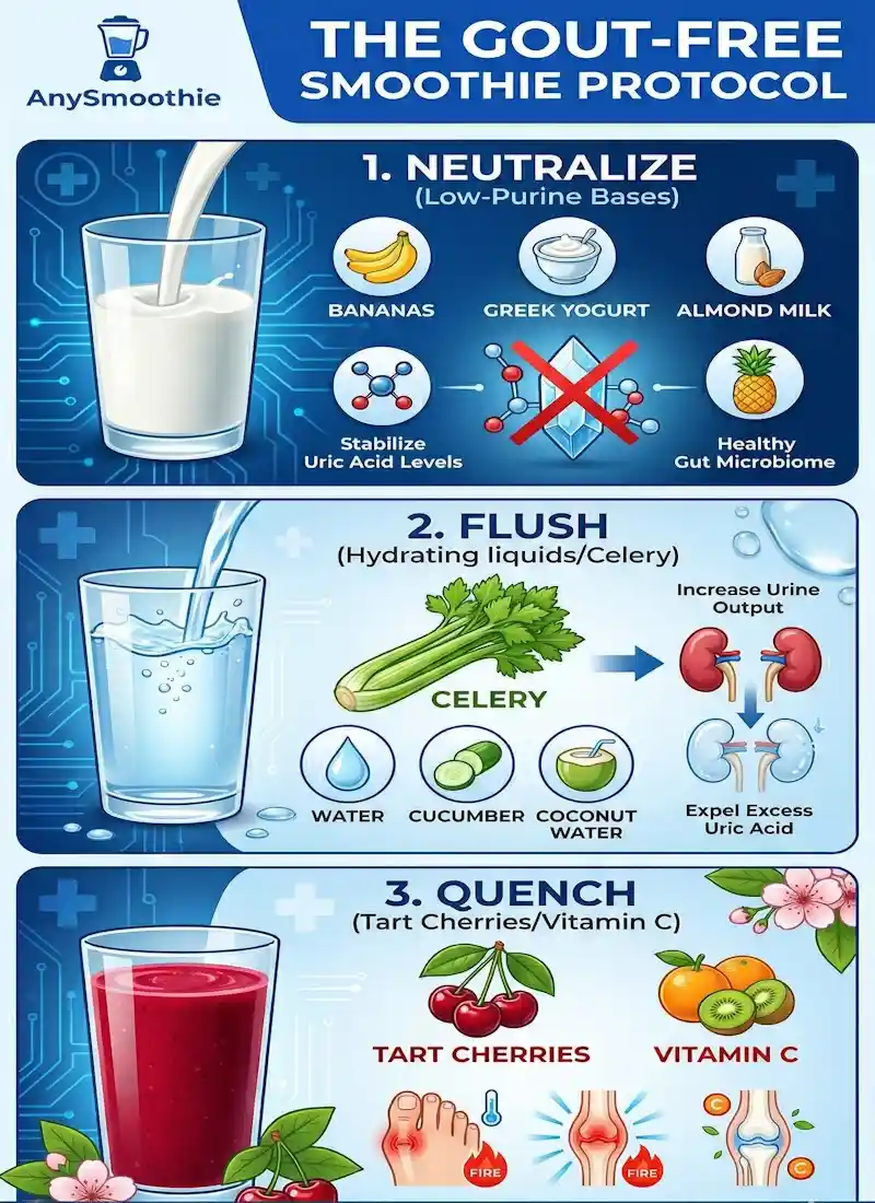 "Infographic titled 'The Gout-Free Smoothie Protocol' by AnySmoothie, showing a 3-step medical-style process: 1. Neutralize with low-purine bases, 2. Flush with hydrating liquids like celery, and 3. Quench with tart cherries and Vitamin C."