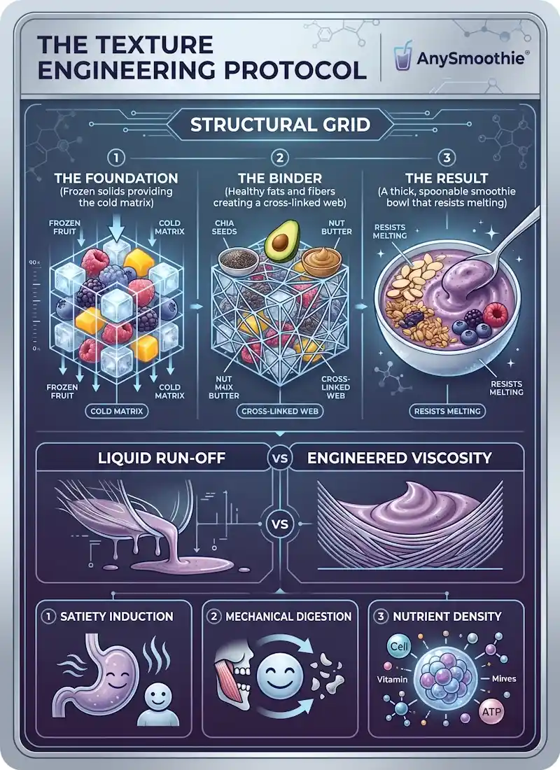Professional infographic showing a guide to engineering smoothie bowl texture by AnySmoothie, featuring the Structural Grid protocol, viscosity comparison, and biochemical mechanics for thick, spoonable consistency in clinical silver and icy blue tones.