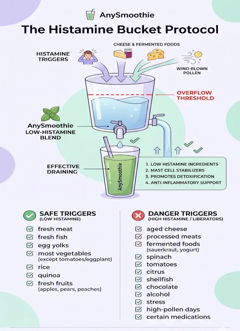 Infographic explaining the Histamine Bucket Protocol by AnySmoothie, showing how dietary triggers fill the bucket and how histamine intolerance smoothies help drain it, featuring a SIGHI-based food checklist.