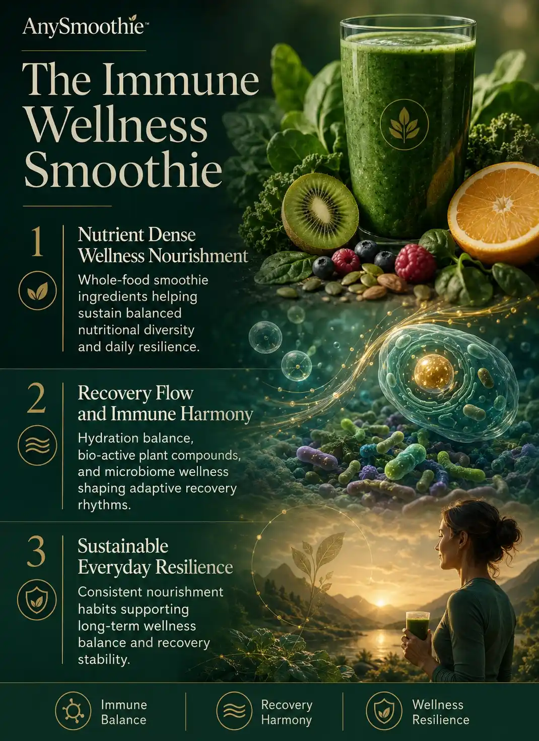 Premium wellness-science infographic for AnySmoothie featuring “The Immune Wellness Smoothie” with nutrient-dense green smoothie ingredients, microbiome-inspired biological visuals, immune balance symbolism, recovery harmony themes, and cinematic wellness storytelling focused on smoothies for immune system regulation.
