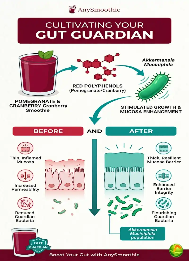 "Infographic showing how red polyphenols from pomegranate and cranberry smoothies stimulate Akkermansia Muciniphila growth, transforming a thin, inflamed gut lining into a thick, resilient barrier."