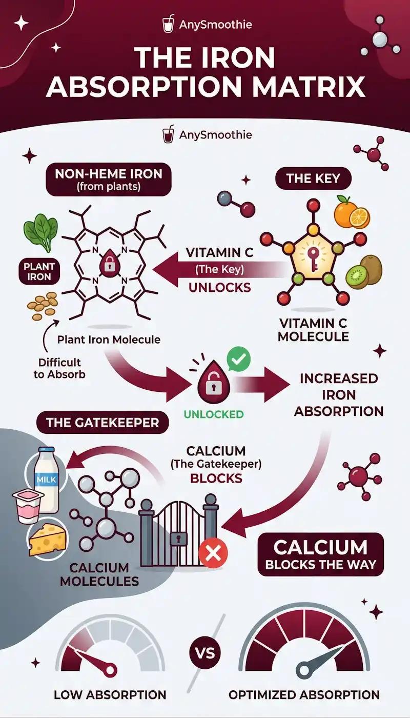The Iron Absorption Matrix infographic by AnySmoothie: illustrating how Vitamin C acts as a key to unlock non-heme iron absorption while calcium acts as a gatekeeper blocking the pathway.