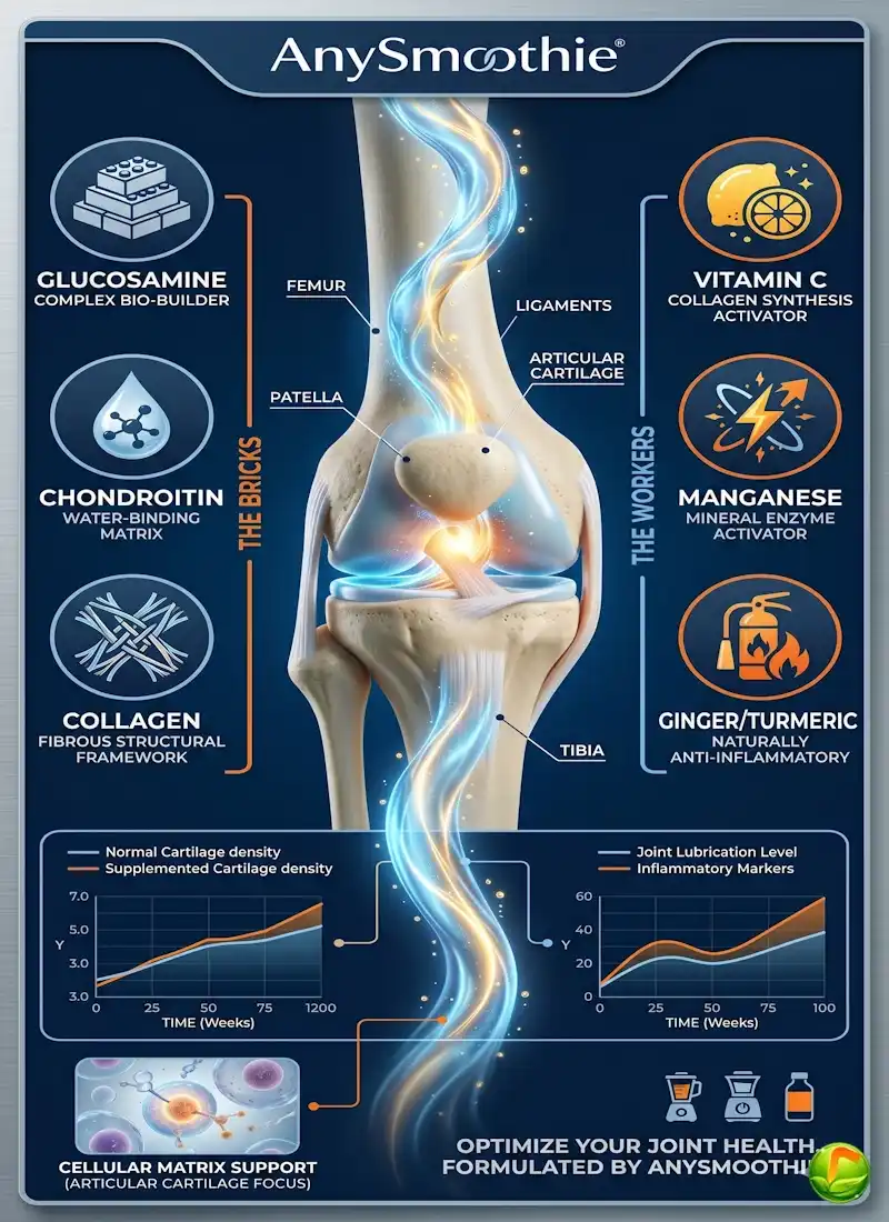A high-tech medical infographic for AnySmoothie showing a 3D knee joint anatomy with Glucosamine, Chondroitin, and Collagen 'Bricks' and Vitamin C, Manganese, and Ginger 'Workers' for cartilage support.