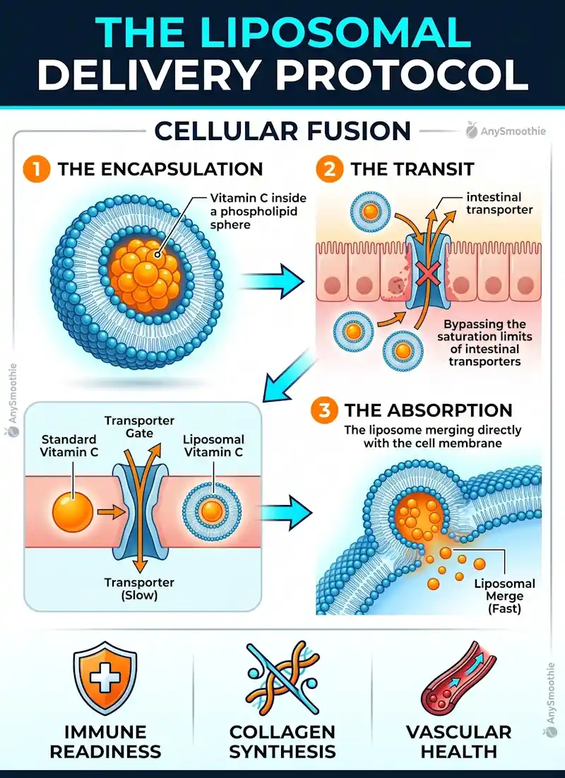 Professional vertical infographic for AnySmoothie titled 'The Liposomal Delivery Protocol.' The visual explains the biochemical mechanics of liposomal vitamin c smoothie absorption, featuring a 3-step cellular fusion process: phospholipid encapsulation, bypassing intestinal transporter limits, and direct cell membrane merging. High-contrast design in bright orange and electric cyan.