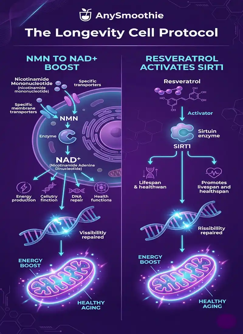 Scientific infographic titled 'The Longevity Cell Protocol' by AnySmoothie, illustrating how NMN enters the cell to boost NAD+ levels and how Resveratrol activates SIRT1 genes, featuring glowing mitochondria and DNA repair icons in a futuristic purple and neon blue style.
