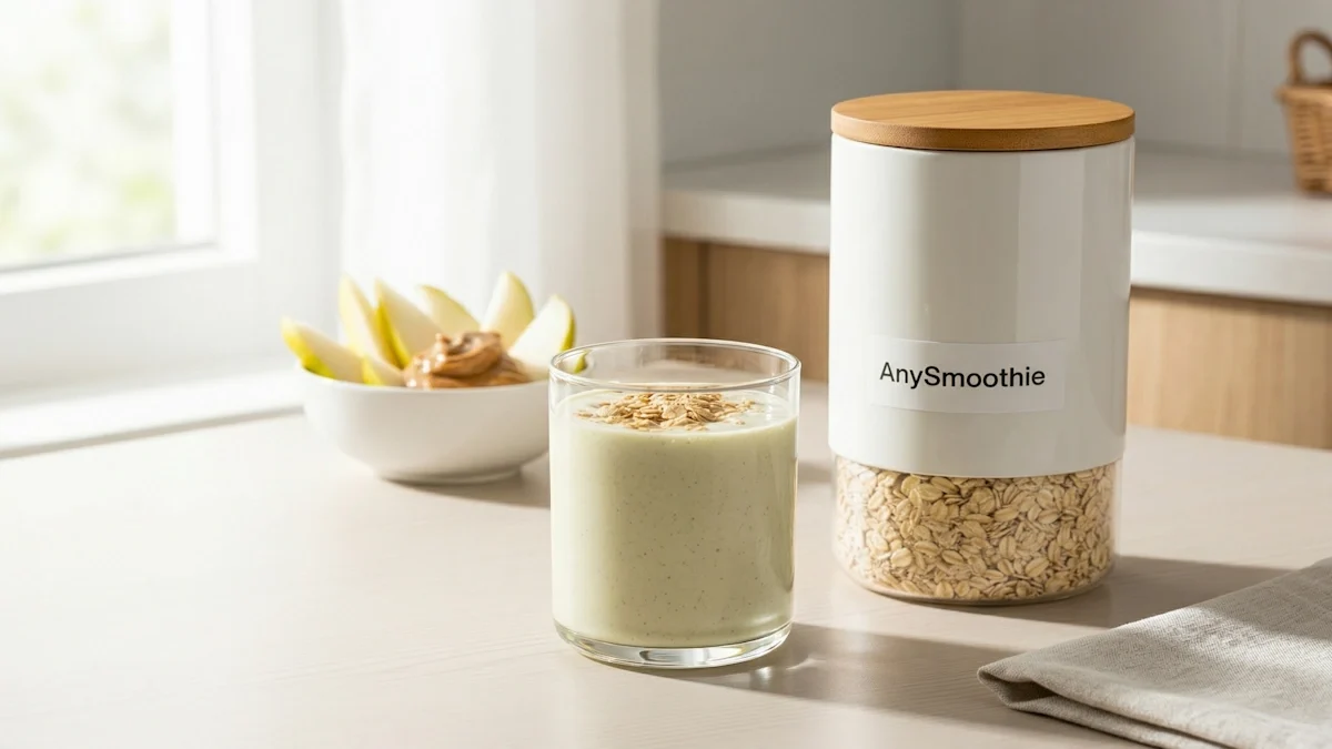 Creamy low acid smoothie topped with rolled oats, served alongside sliced pears and almond butter to support mucosal protection and digestive comfort.
