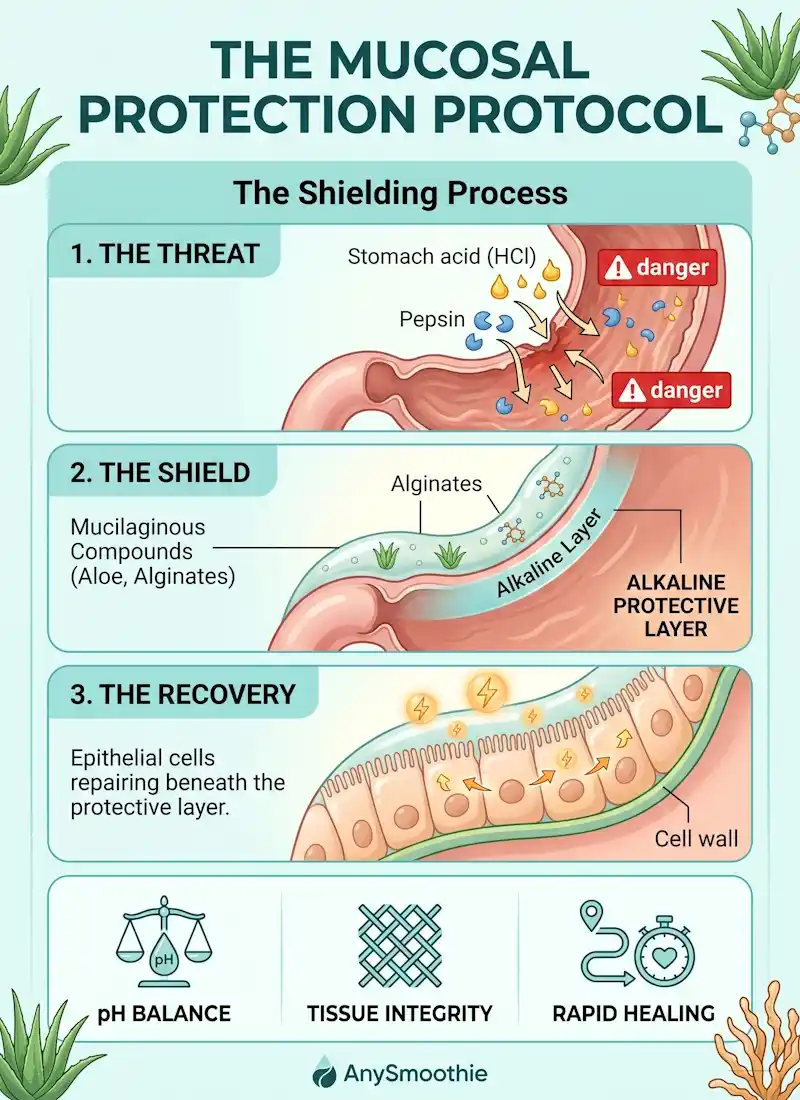 Infographic for AnySmoothie titled 'The Mucosal Protection Protocol' showing the shielding process: physical barriers against stomach acid and pepsin, the application of mucilaginous compounds like Aloe and Alginates to form an alkaline layer, and epithelial cell recovery. Designed in pale turquoise and soft amber.