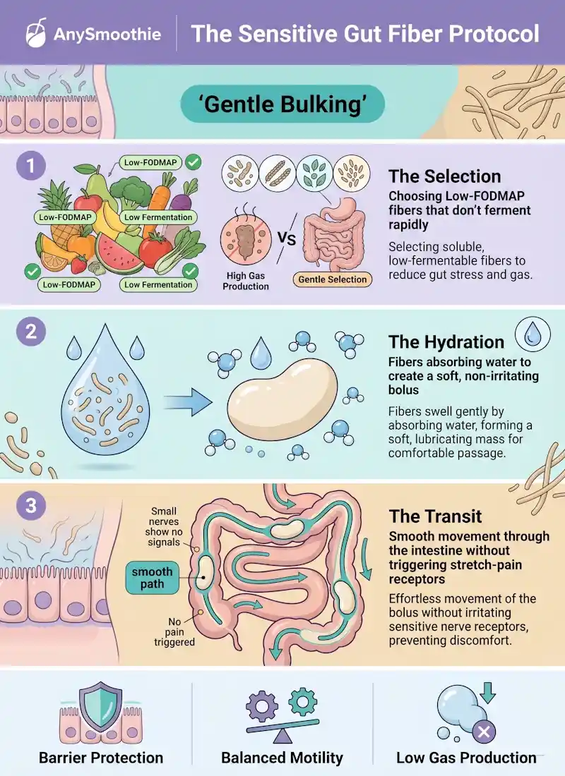 Infographic for AnySmoothie titled 'The Sensitive Gut Fiber Protocol' illustrating the 'Gentle Bulking' process: selecting low-FODMAP fibers, hydrating for a non-irritating bolus, and ensuring smooth transit through the digestive tract without triggering sensitivity. Color palette in soft lavender, clinical teal, and warm sand.
