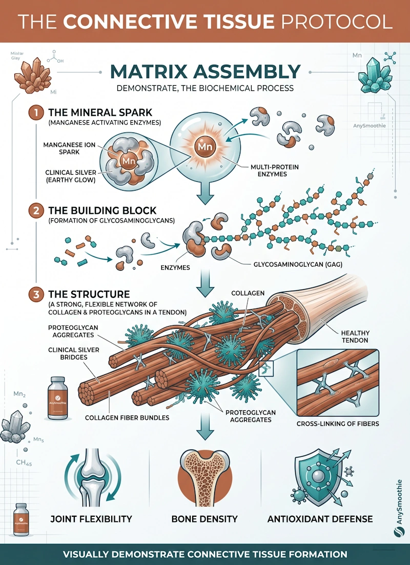 Professional vertical infographic for AnySmoothie titled 'The Connective Tissue Protocol'. It demonstrates the biochemical matrix assembly of a manganese rich smoothie for connective tissue support. Visuals include the mineral activation of enzymes, glycosaminoglycan formation, and the structural cross-linking of collagen fibers in tendons. Earthy clay, clinical silver, and ocean teal color scheme.