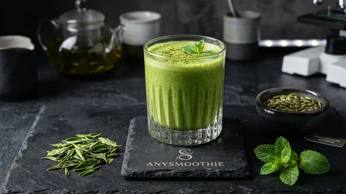 High-contrast shot of a vibrant green matcha smoothie by AnySmoothie on a slate coaster, featuring magnesium-rich pumpkin seeds and green tea leaves to illustrate EGCG smoothies for COMT gene support.