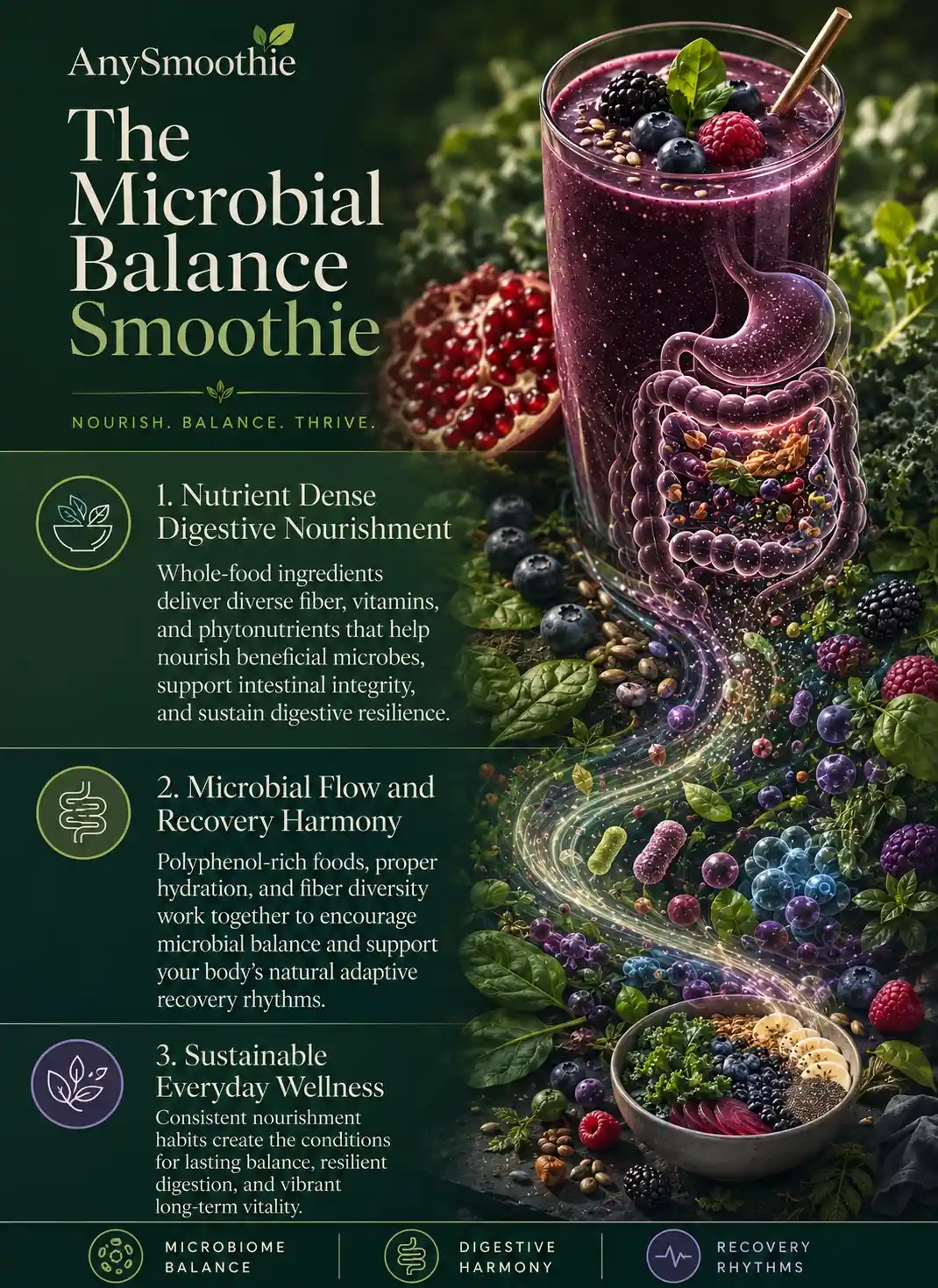 Premium wellness-science infographic for The Microbial Balance Smoothie featuring microbiome-inspired smoothie nutrition, digestive harmony visuals, botanical ingredients, and smoothie protocols for modulating fungal homeostasis in a cinematic editorial design.