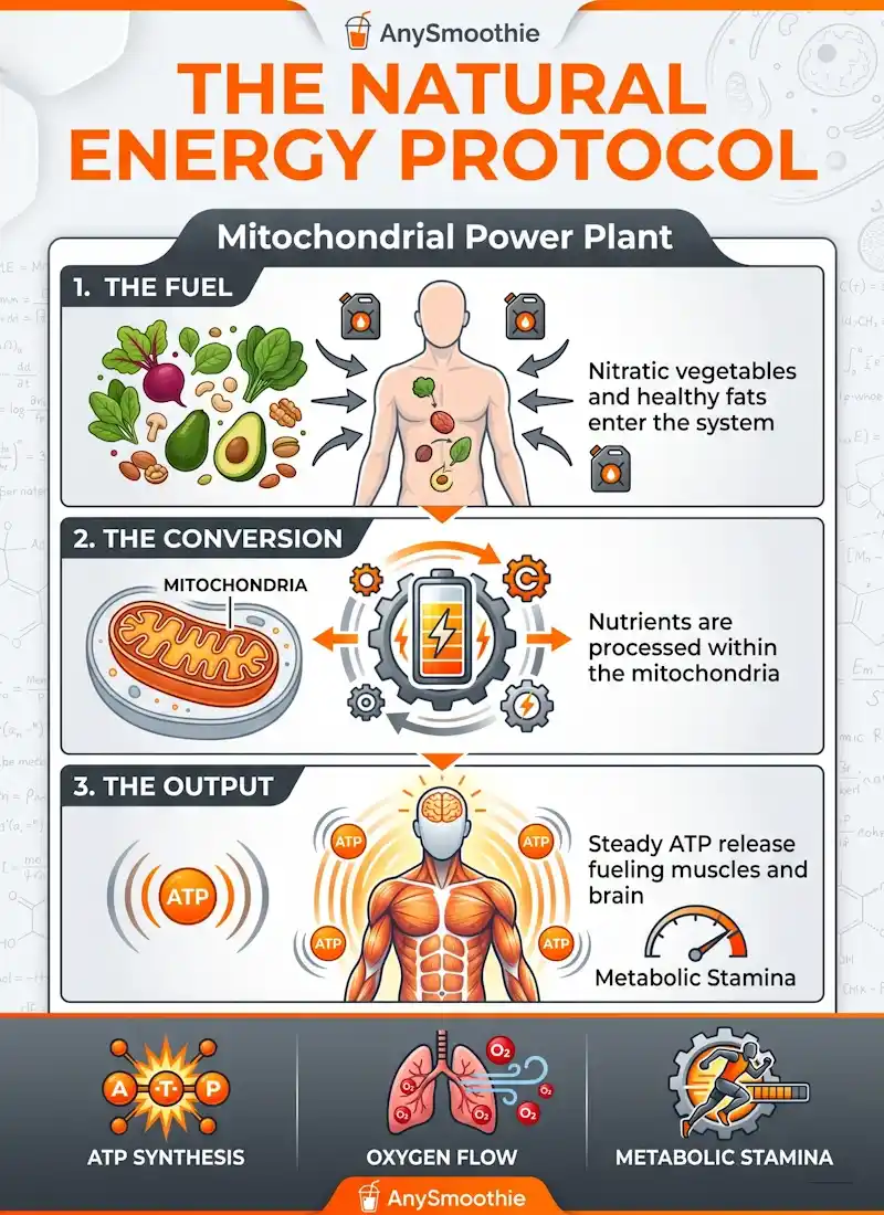 Professional infographic titled 'The Natural Energy Protocol' by AnySmoothie. It demonstrates the 'Mitochondrial Power Plant' process: fuel from nitratic vegetables and healthy fats, nutrient conversion within the mitochondria, and steady ATP release for metabolic stamina. Visual style uses electric orange, charcoal grey, and clinical white.