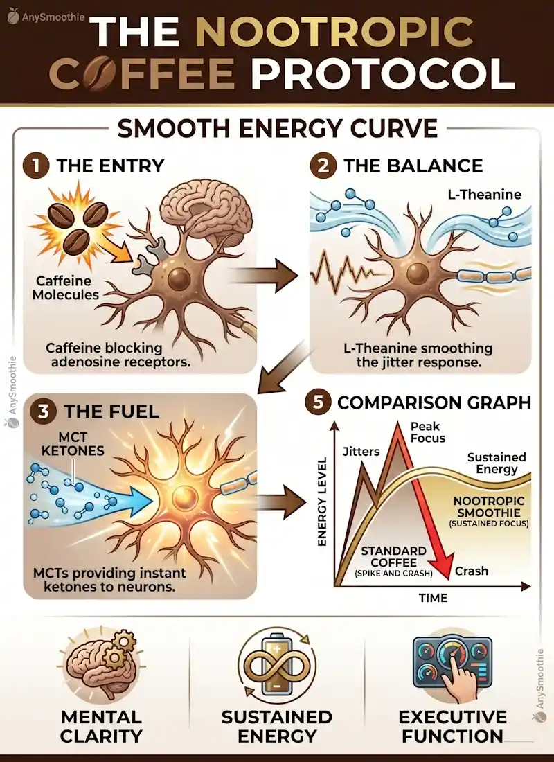 Vertical professional infographic for AnySmoothie: The Nootropic Coffee Protocol. Visualization of a nootropic coffee smoothie for focus and productivity showing the smooth energy curve. Demonstrates caffeine adenosine receptor interaction, L-Theanine balance, and MCT ketone fuel for neurons. Comparison graph of sustained focus vs. caffeine crash in coffee bean brown and clinical gold style.