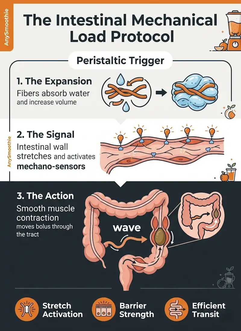 Professional infographic titled 'The Intestinal Mechanical Load Protocol' by AnySmoothie, illustrating the three stages of the peristaltic trigger: expansion of fibers, mechano-sensor activation through wall stretching, and smooth muscle contraction for efficient transit. Featuring industrial orange and charcoal clinical design.