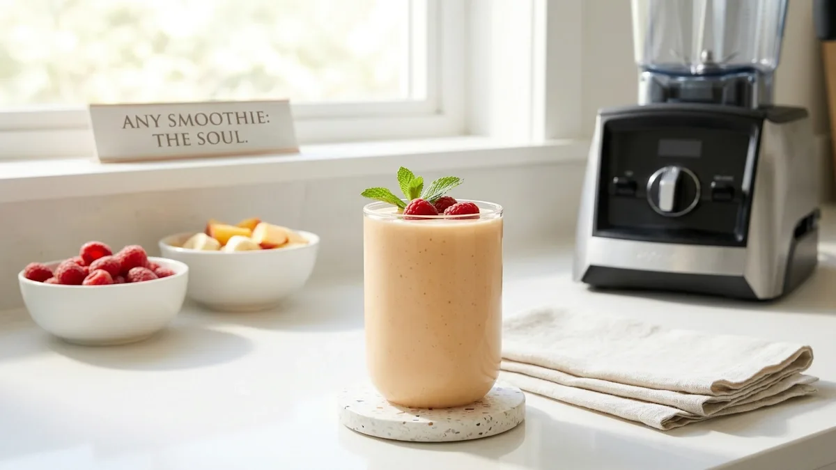 High-performance blender preparing a low-residue smoothie designed for optimizing intestinal mechanical load through micronized fruit particles and bioavailable nutrients.