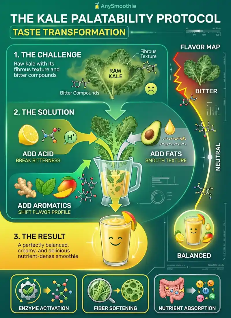 Professional vertical infographic for AnySmoothie: The Kale Palatability Protocol. A technical guide to optimizing kale smoothie nutrient bioavailability through a 3-step taste and texture transformation. Demonstrates the use of acids, healthy fats, and aromatics to neutralize bitter compounds and enhance the absorption of fat-soluble vitamins. Vibrant emerald and clinical silver design.