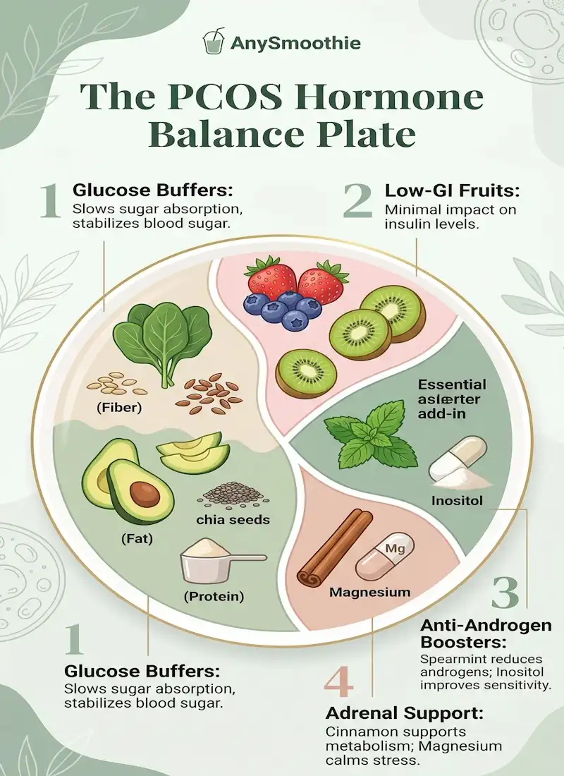 Infographic showing the 4 pillars of a PCOS-friendly smoothie: glucose buffers, low-GI fruits, anti-androgen boosters, and adrenal support by AnySmoothie.