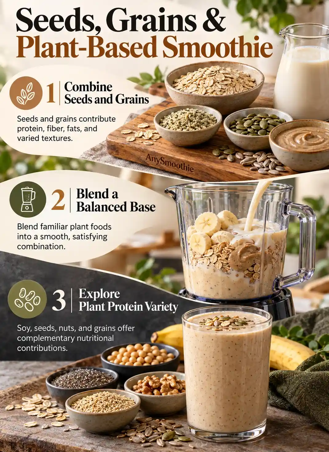 Plant Based Protein Smoothie with soy milk, rolled oats, hemp seeds, pumpkin seeds, and sunflower seed butter, illustrating plant-based ingredients, smoothie preparation, and nutritional variety.