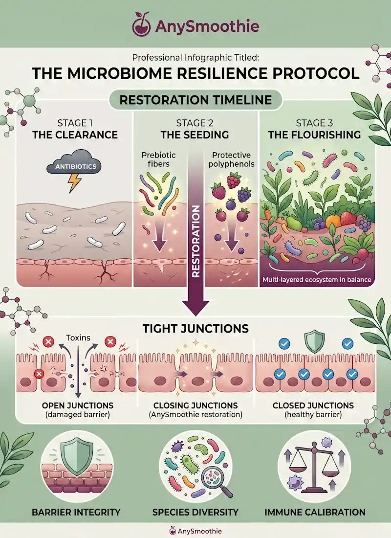 Professional infographic titled "The Microbiome Resilience Protocol" by AnySmoothie, showing a restoration timeline for gut health. The visual demonstrates the clearance phase, the seeding phase with prebiotic fibers and polyphenols, and the flourishing of a diverse ecosystem. It also illustrates the closing of gut wall tight junctions to optimize natural pathways and support barrier integrity.