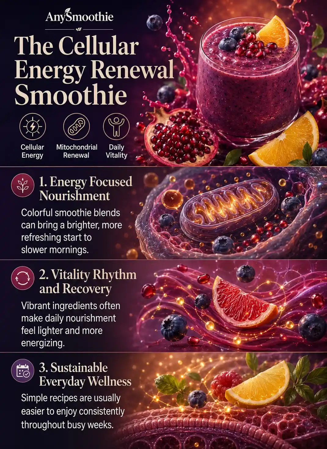 PQQ smoothies for mitochondrial biogenesis infographic featuring berry, citrus, and pomegranate smoothie ingredients, cellular energy visuals, mitochondrial-inspired wellness-science illustrations, and sustainable vitality-focused nutrition habits.