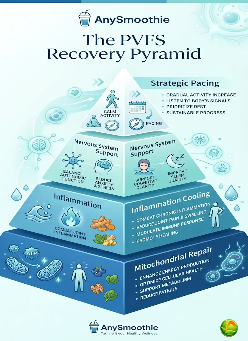 An infographic titled 'The PVFS Recovery Pyramid' by AnySmoothie, showing four layers of recovery: Mitochondrial Repair at the base, Inflammation Cooling, Nervous System Support, and Strategic Pacing at the top, styled in calming blue and teal.