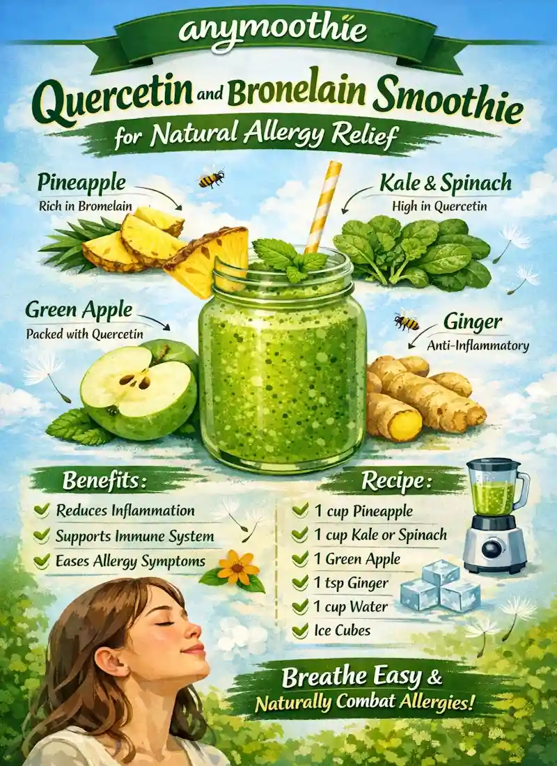 Infographic of Quercetin and Bromelain smoothie for natural allergy relief by anymoothie, featuring pineapple, kale, spinach, green apple, and ginger with health benefits and recipe