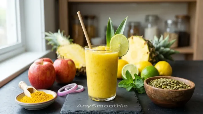 Bright yellow citrus and pineapple quercetin smoothie on a laser-etched AnySmoothie slate coaster, surrounded by red apples, pumpkin seeds, and quercetin powder.