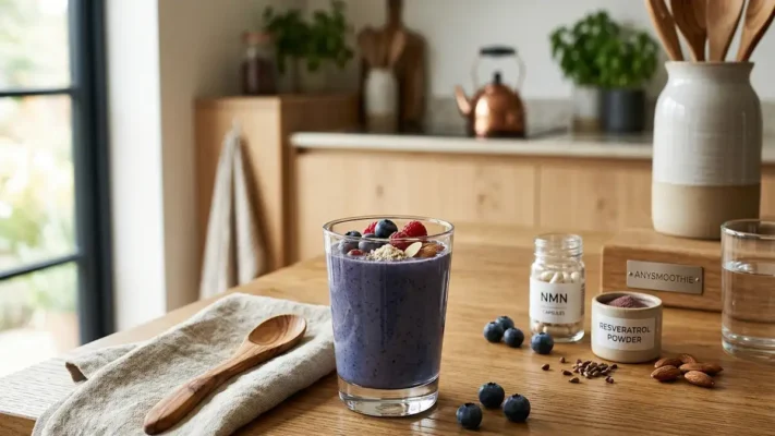 A premium anti-aging smoothie with Resveratrol powder and NMN capsules on a rustic oak kitchen table, featuring a wooden spoon, fresh blueberries, and a subtle AnySmoothie brand logo on a kitchen accessory.