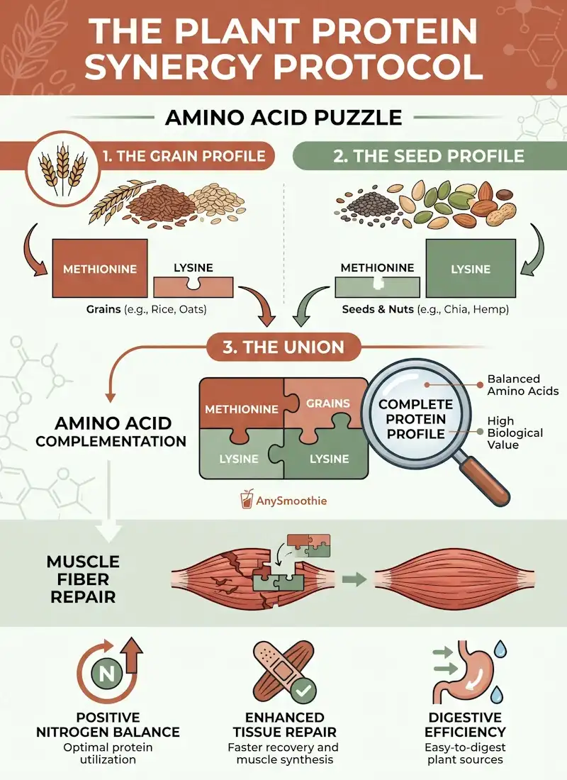 Professional infographic titled "The Plant Protein Synergy Protocol" for AnySmoothie, demonstrating the amino acid complementation of a seed and grain plant based protein smoothie kit. The visual shows how combining methionine-rich grains and lysine-rich seeds creates a complete protein profile to optimize natural pathways for muscle fiber repair, tissue repair, and positive nitrogen balance.