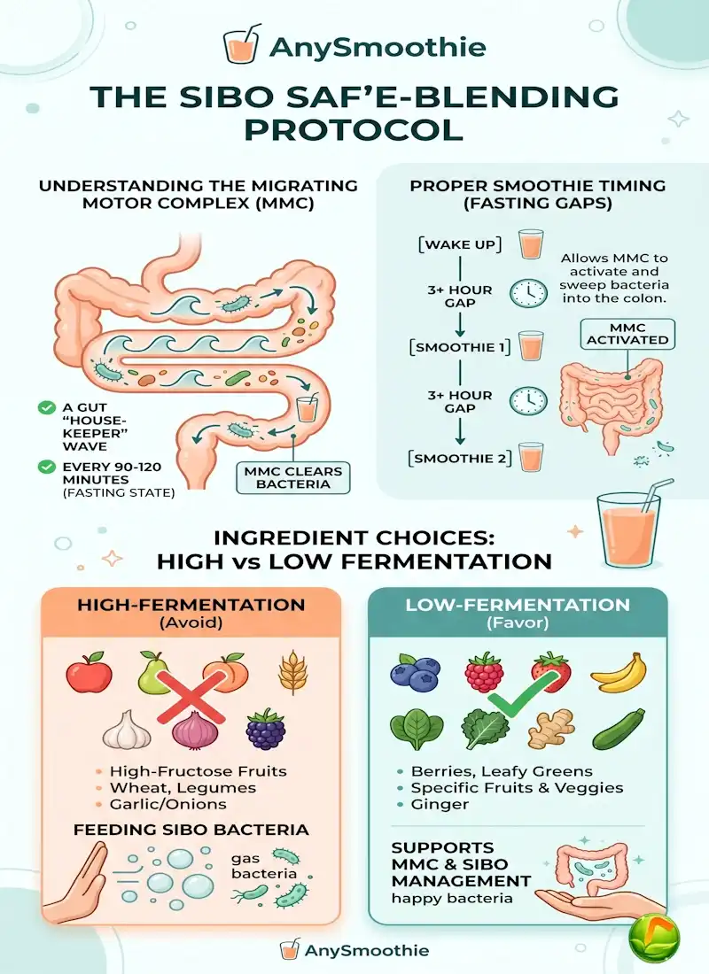 Infographic explaining the SIBO Safe-Blending Protocol by AnySmoothie: illustrating the Migrating Motor Complex (MMC) and how fasting gaps between smoothies for small intestinal bacterial overgrowth help clear gut bacteria.