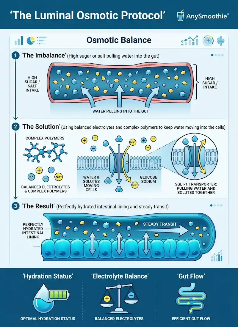 Professional infographic titled 'The Luminal Osmotic Protocol' by AnySmoothie. It illustrates the biochemical process of osmotic balance, featuring the SGLT-1 transporter mechanism, electrolyte integration, and complex polymers to support cellular hydration and steady intestinal transit. Designed in ocean blue, clinical white, and electric yellow.
