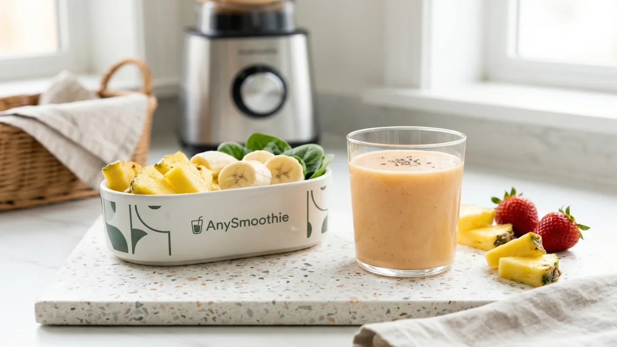 smoothie next to a bowl of fresh pineapple, firm banana slices, and spinach, designed for managing luminal osmotic gradient and digestive efficiency.