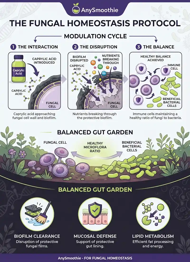Professional infographic titled "The Fungal Homeostasis Protocol" by AnySmoothie. It illustrates a modulation cycle where caprylic acid disrupts fungal biofilms to support physiological systems. The visual features a "balanced gut garden" metaphor and icons for Biofilm Clearance, Mucosal Defense, and Lipid Metabolism using smoothie protocols.