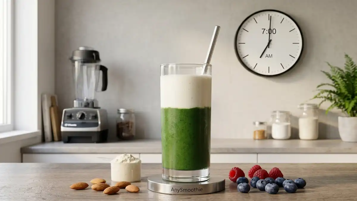 "A dual-layered green and white smoothie on a laser-etched AnySmoothie titanium coaster at 7:00 AM, illustrating precise smoothie timing for optimal nutrient partitioning through biochemical alignment."