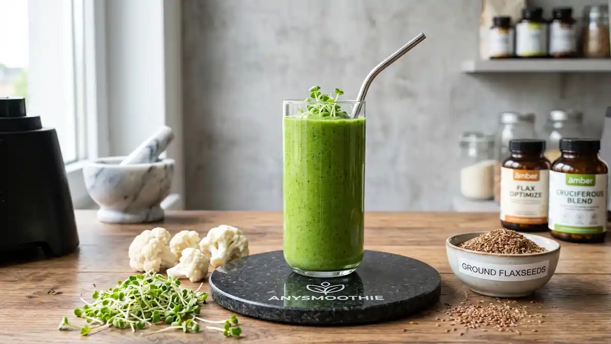 A high-resolution professional shot of a green cruciferous smoothie featuring broccoli sprouts and cauliflower, designed to support physiological systems involved in estrogen detoxification through DIM and I3C pathways.
