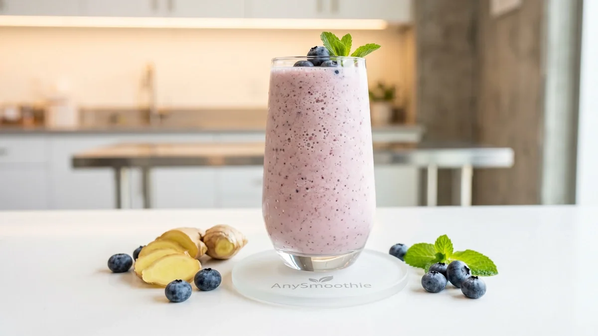 AnySmoothie light-colored ginger and blueberry smoothie on a frosted glass coaster, suitable as therapeutic smoothies for small intestinal bacterial overgrowth (SIBO).