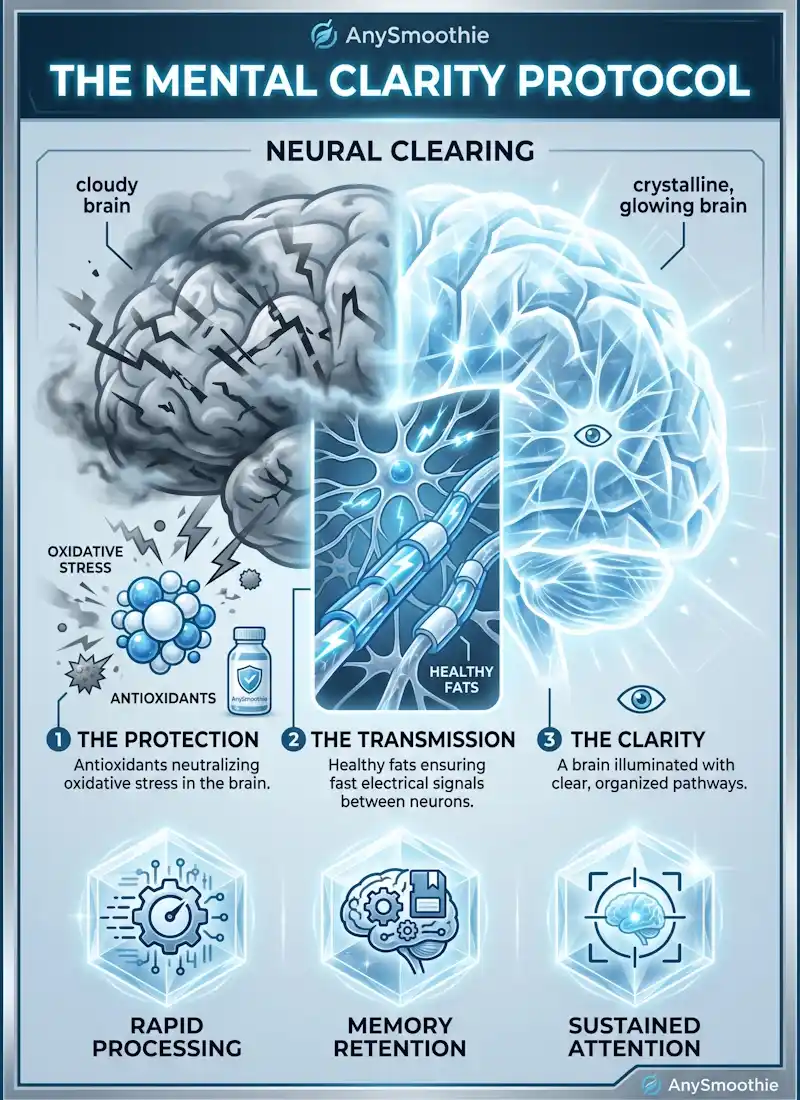 Professional vertical infographic for AnySmoothie titled 'The Mental Clarity Protocol.' Visual demonstration of the neural clearing process using smoothies to support mental clarity. Illustrates antioxidants neutralizing oxidative stress, healthy fats enhancing electrical transmission, and a transition from a cloudy brain to a crystalline, glowing brain. Icy blue and sharp silver clinical style.
