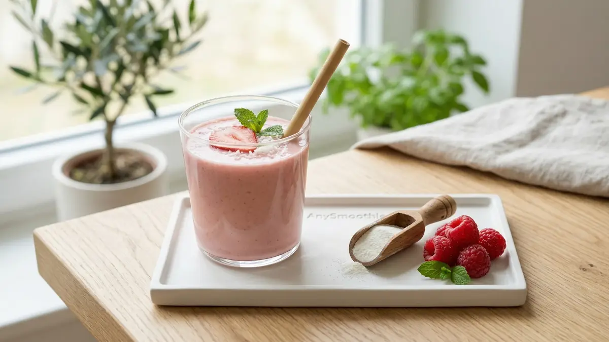 A soft pink strawberry and coconut L-glutamine smoothie in a minimalist glass on a white ceramic tray with AnySmoothie branding, featuring a wooden scoop of L-glutamine powder and fresh raspberries in bright morning light.