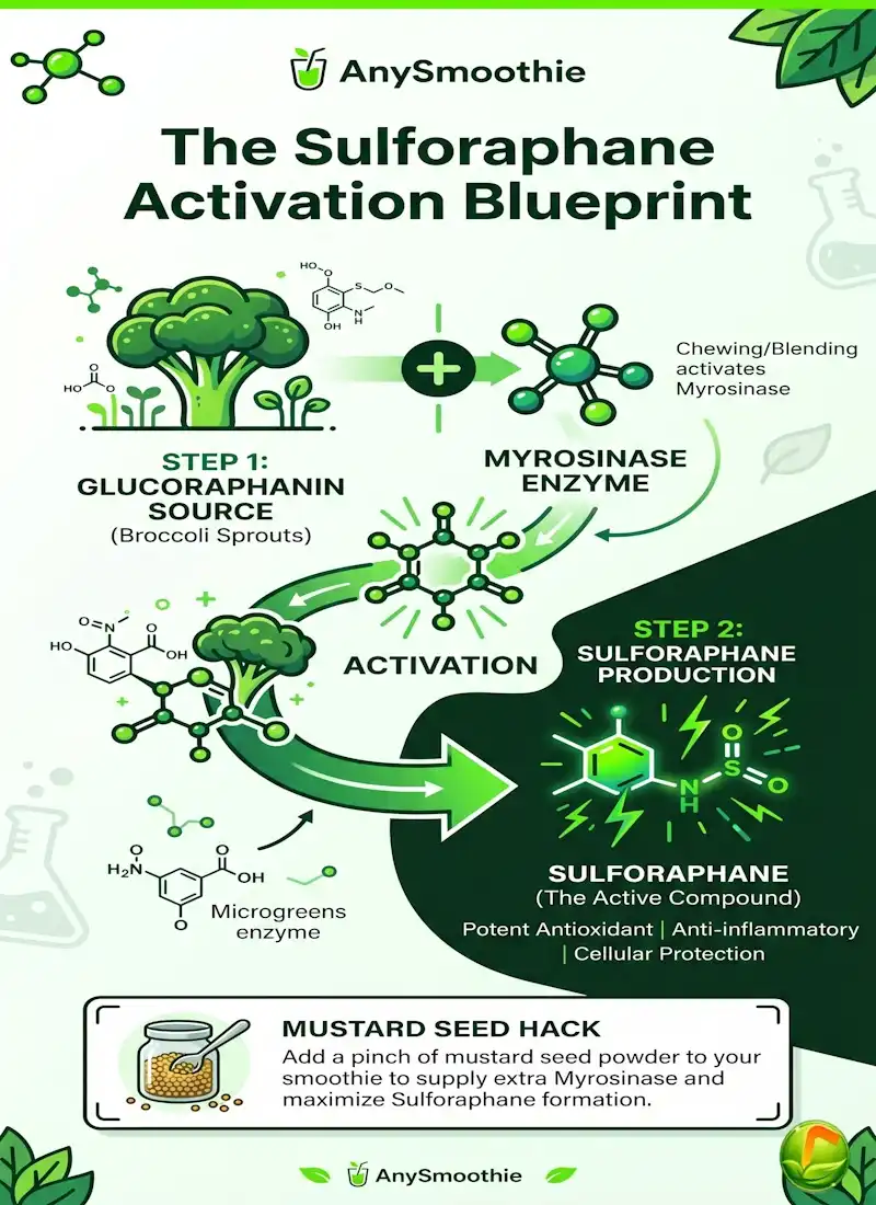 Professional infographic titled 'The Sulforaphane Activation Blueprint' by AnySmoothie, showing the 2-step process of combining Glucoraphanin from broccoli sprouts with Myrosinase enzyme to produce Sulforaphane, including the mustard seed hack.