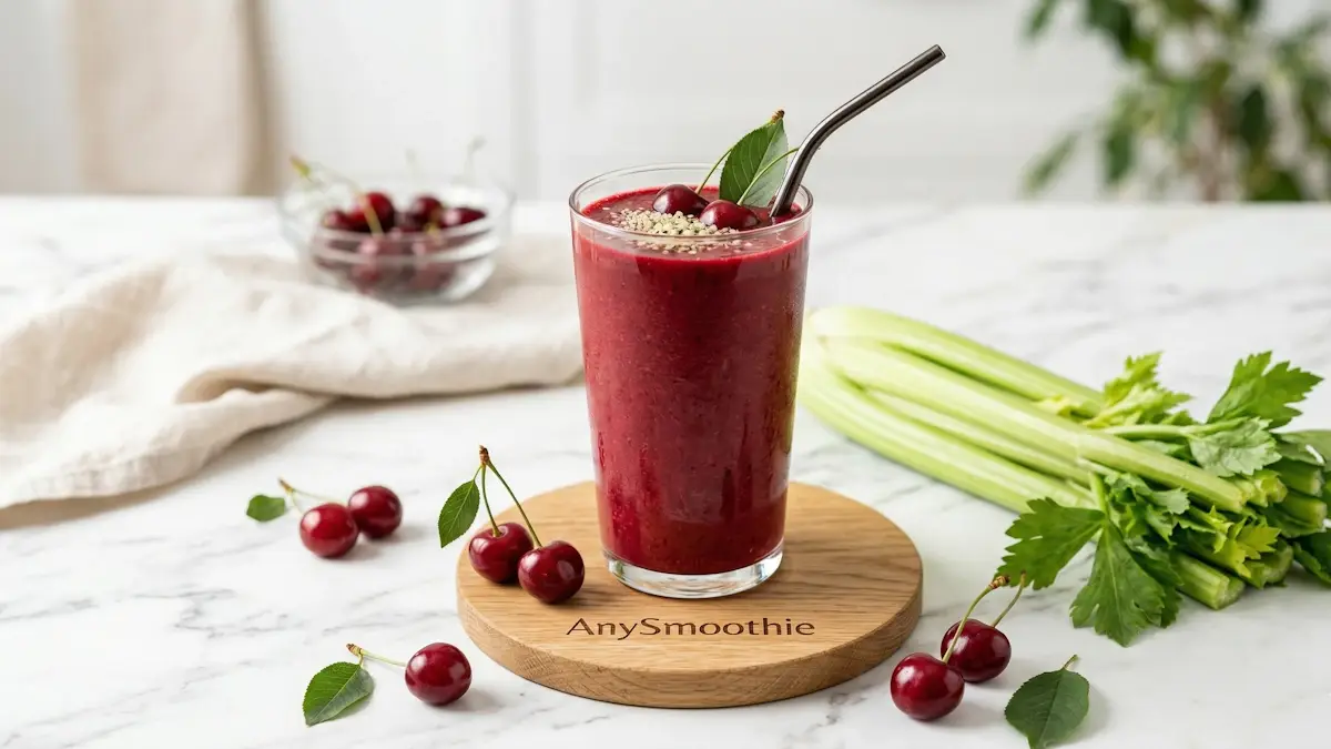 "A vibrant deep red tart best smoothies for gout in a glass on a branded AnySmoothie wooden coaster, styled with fresh celery stalks and cherries on a white marble surface."