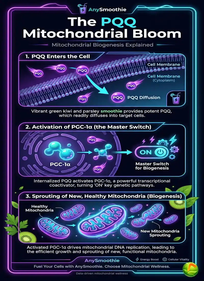 Professional infographic by AnySmoothie titled "The PQQ Mitochondrial Bloom" showing the 3 stages of mitochondrial biogenesis: PQQ entering the cell, activation of PGC-1alpha master switch, and sprouting of new healthy mitochondria.