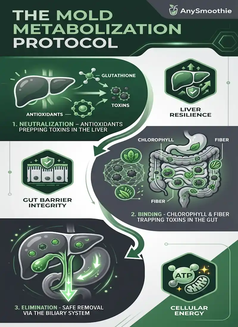 Professional infographic titled 'The Mold Metabolization Protocol' by AnySmoothie, showing a 3-step physiological process: neutralization in the liver with glutathione, binding in the gut with chlorophyll and fiber, and elimination via the biliary system to support natural mold metabolization with bioactive smoothies.