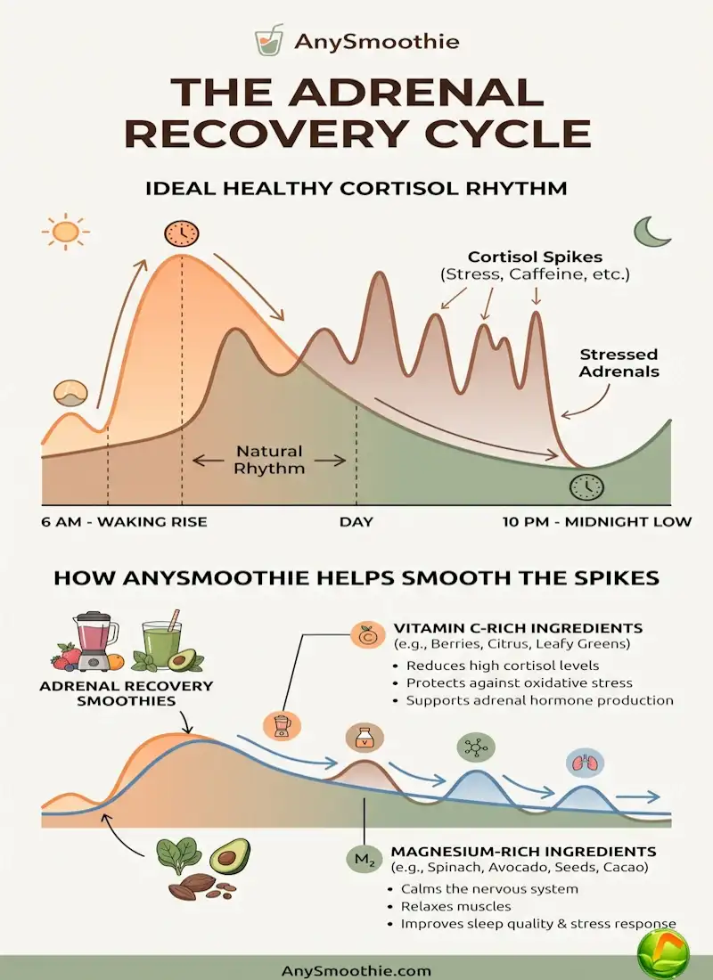 Infographic titled The Adrenal Recovery Cycle showing the 24-hour cortisol rhythm and how smoothies for adrenal fatigue with Vitamin C and Magnesium help stabilize hormone spikes.