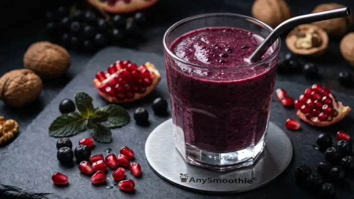 High-performance dark purple pomegranate and aronia berry smoothie in a crystal glass on a graphite coaster. Visualizing polyphenol-density and biochemical support for mucosal fortification and microbial precision through advanced nutrient blends.