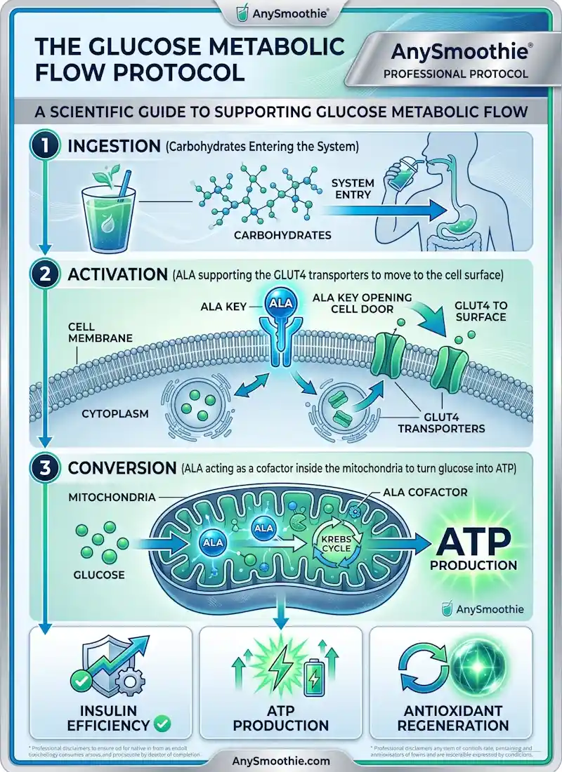 Professional infographic showing the 3-step glucose metabolic flow protocol: ingestion, ALA-supported GLUT4 activation, and mitochondrial ATP conversion for AnySmoothie nutrition