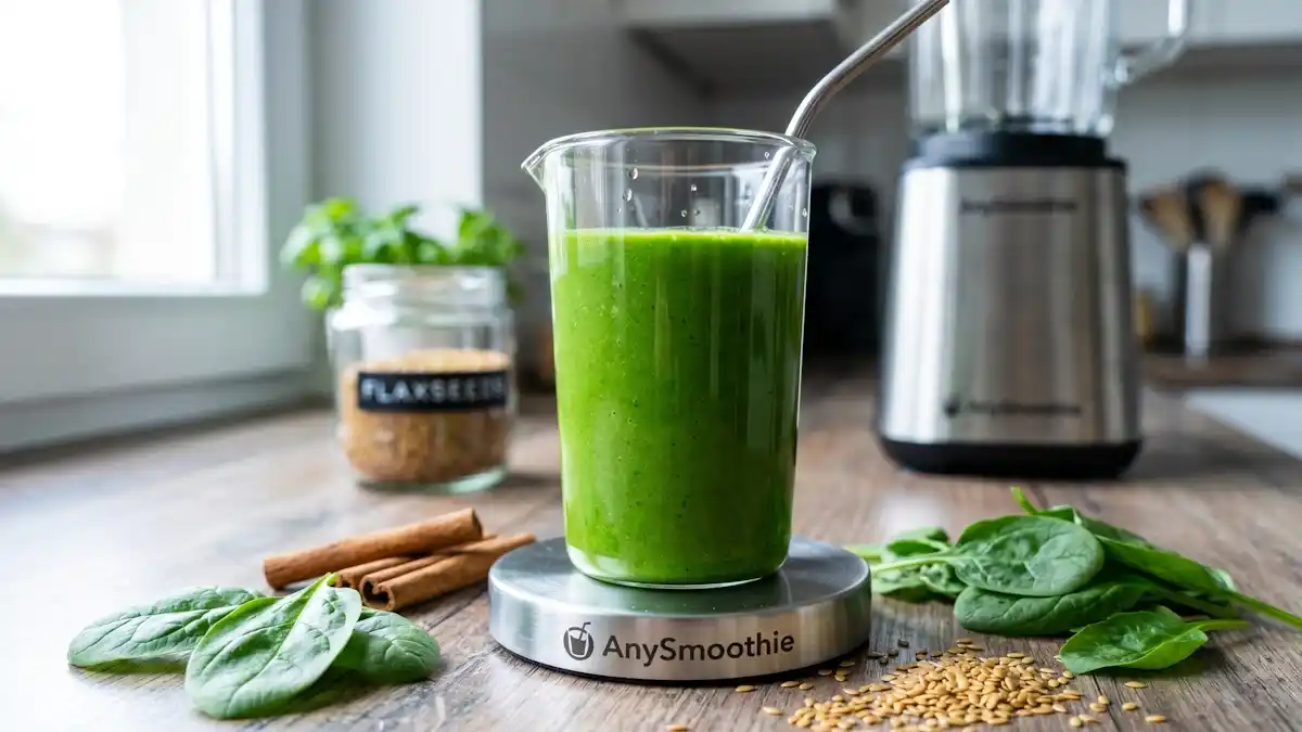 High-performance green smoothie in a crystal beaker featuring AnySmoothie branding, designed to support glucose metabolic flow and physiological systems through biochemical nutrient optimization.