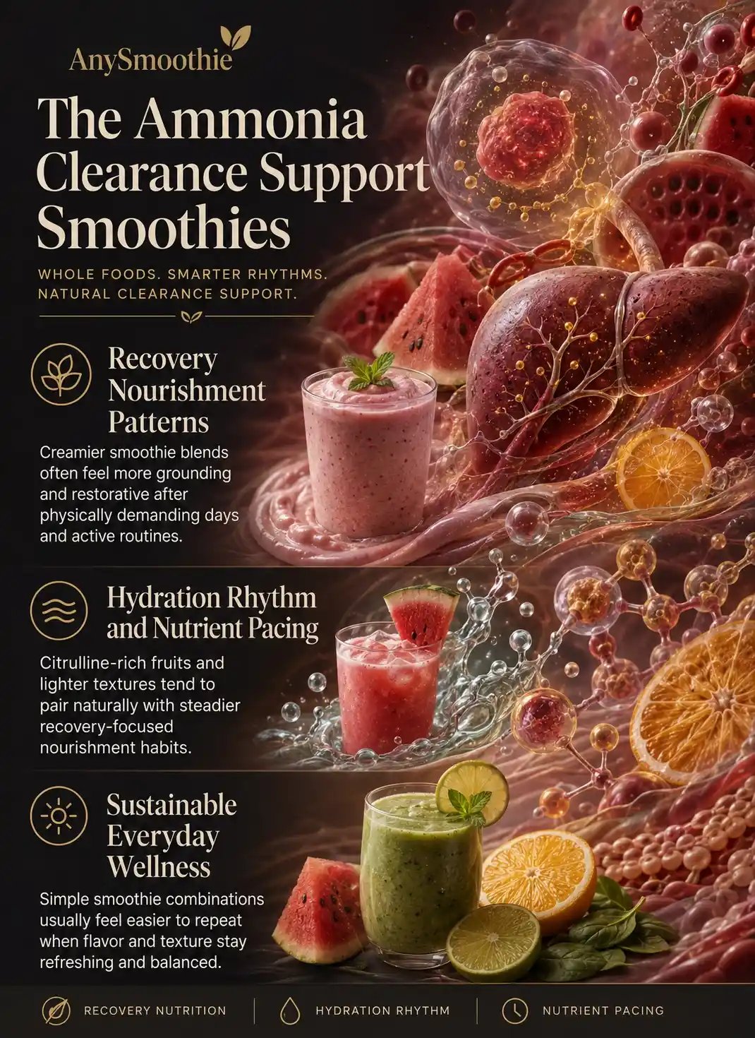 Premium wellness-science infographic about ammonia clearance pathway support smoothies featuring hydration-focused recovery nutrition, watermelon and citrus smoothie blends, intracellular-inspired biological visuals, and sustainable whole-food nourishment patterns.
