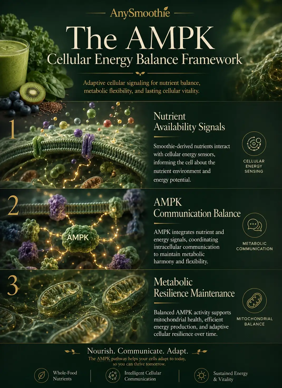 Premium wellness-science infographic illustrating the AMPK cellular energy balance framework with intracellular nutrient sensing, mitochondrial communication, and metabolic resilience pathways associated with smoothies to help optimize AMPK signaling pathways.